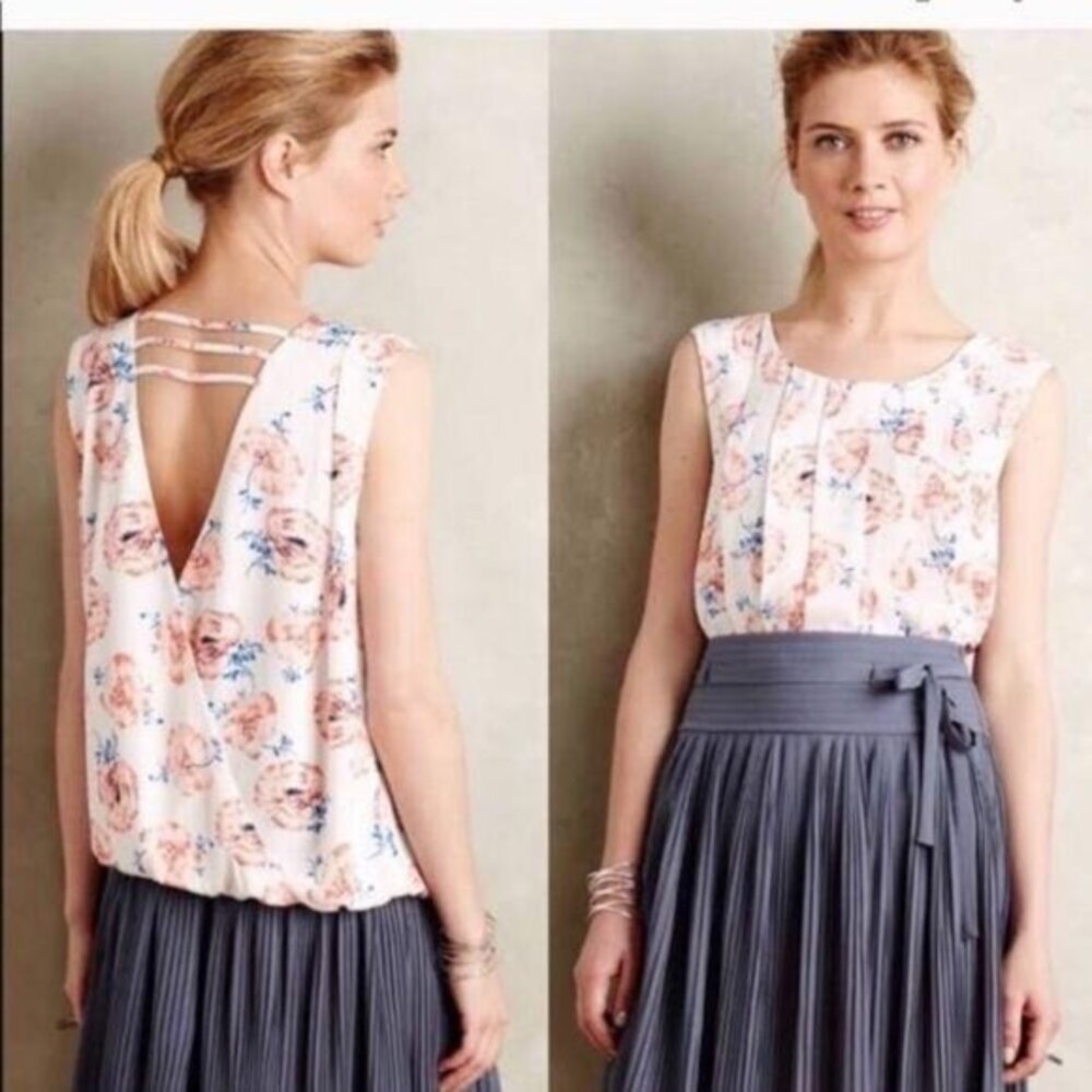 Anthropologie Meadow Rue Open Back Tank Pleated Petals Sleeveless Floral Top